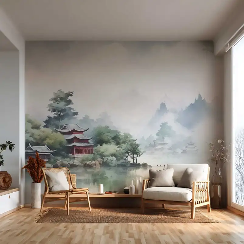 Papier peint panoramique fleuve asiatique - Les Pagodes de la Brume