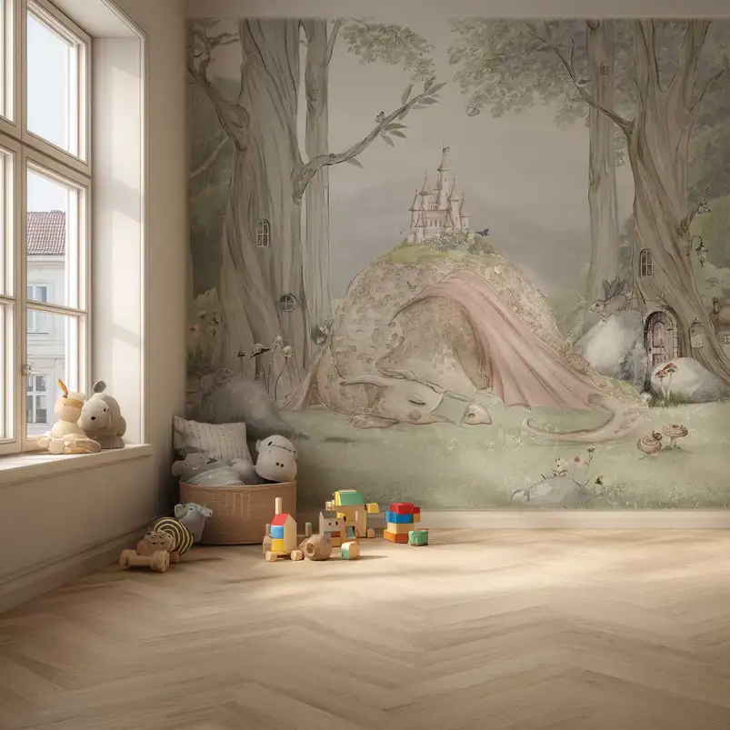 Papier peint enfant La Forêt Enchantée du Dragon avec un grand dragon endormi et un château fantastique.