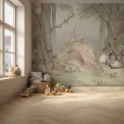Papier peint enfant La Forêt Enchantée du Dragon avec un grand dragon endormi et un château fantastique.
