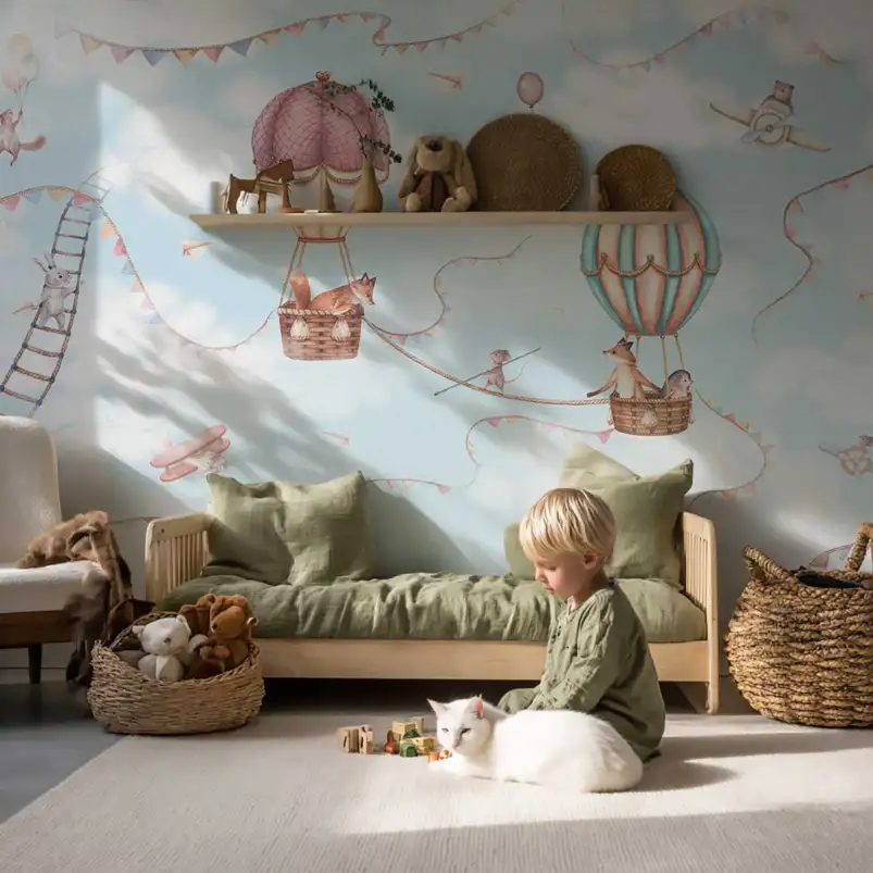 Papier peint enfant La Vie dans les Nuages avec montgolfières et animaux rigolos dans un ciel bleu pastel.