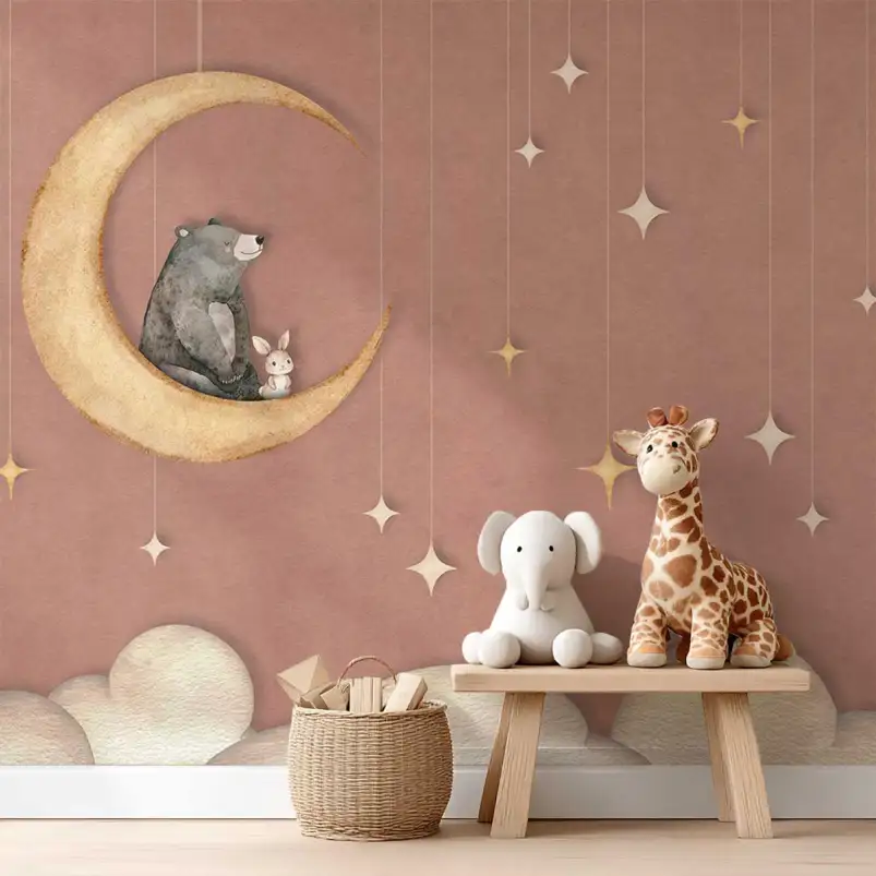 Papier peint ours et lune chambre enfant - L'Ours et la Lune d'Or
