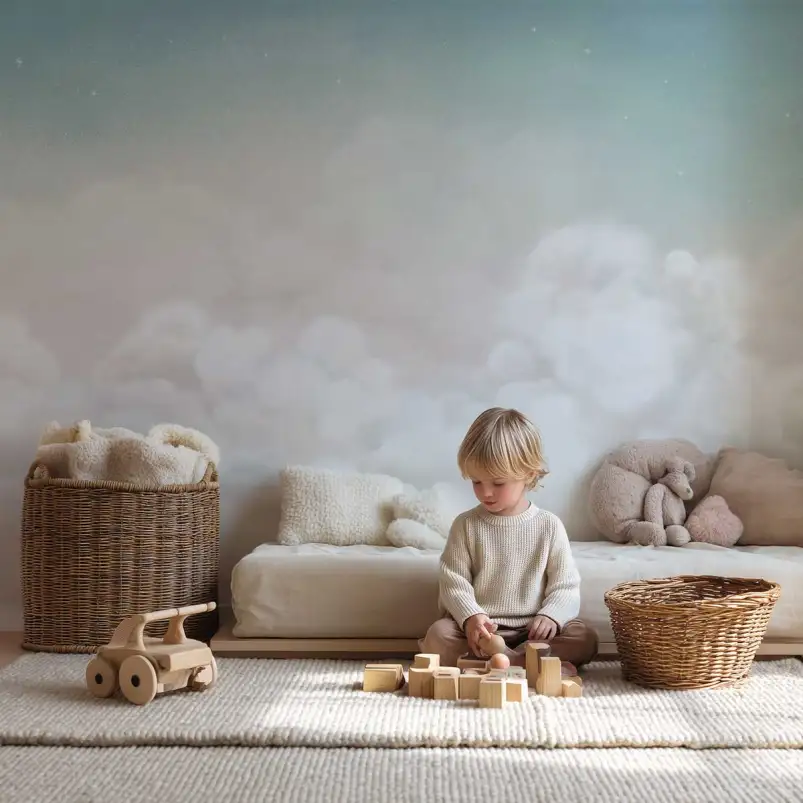Papier peint panoramique ciel de nuages blancs et beige effet peinture douce, décor mural poétique pour chambre de bébé