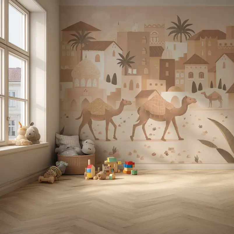 Papier peint enfant La Cité des Sables avec chameaux, palmiers et maisons orientales aux tons terracotta