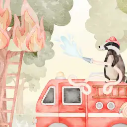 Papier peint enfant Les Sauveurs de la Forêt avec animaux et camion de pompiers style aquarelle.