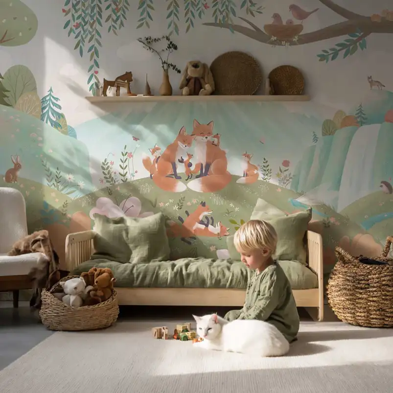 Papier peint enfant La Famille Goupil avec des renards dans un décor de montagne et de fleurs colorées.