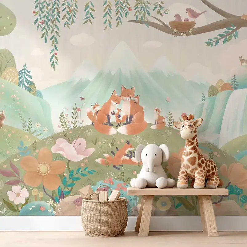 Papier peint renard chambre enfant - La Famille Goupil