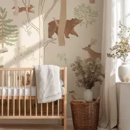 Papier peint animaux de la forêt beige et vert, décoration murale chambre enfant style nature.
