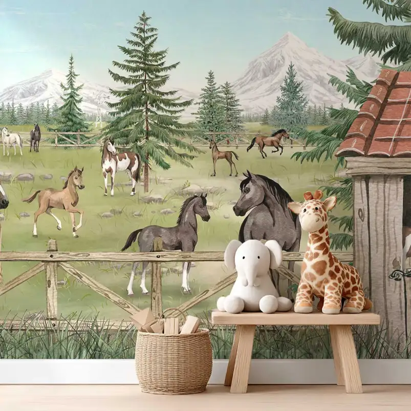 Papier peint panoramique chevaux et western chambre garçon - La Vie au Ranch