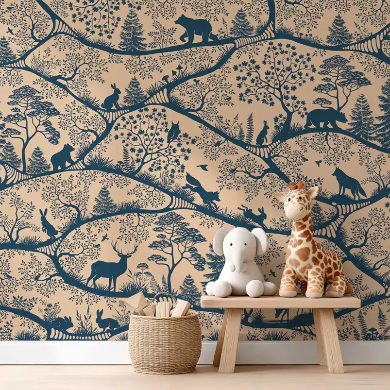 Papier peint forêt ludique chambre enfant - Cache Cache dans la Forêt