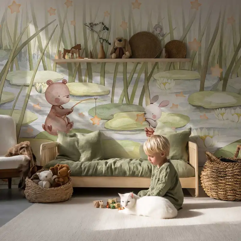 Papier peint enfant La Mare aux Étoiles avec un ciel étoilé poétique pour décoration de chambre bébé.