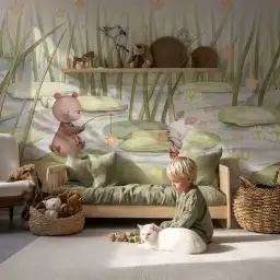 Papier peint enfant La Mare aux Étoiles avec un ciel étoilé poétique pour décoration de chambre bébé.