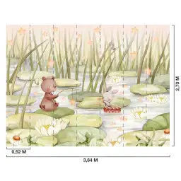 Papier peint chambre bébé avec petit ours pêchant des étoiles dans une mare enchantée