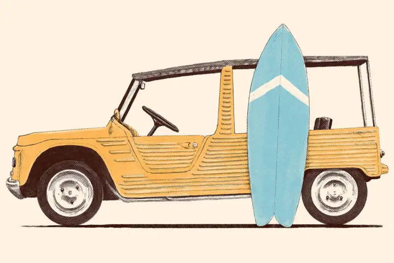 Affiche Voiture Mehari et planche de surf