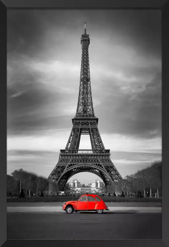 Adhésif mural / Tableau Dibond - Noir et Blanc - Tour Eiffel et voiture  rouge