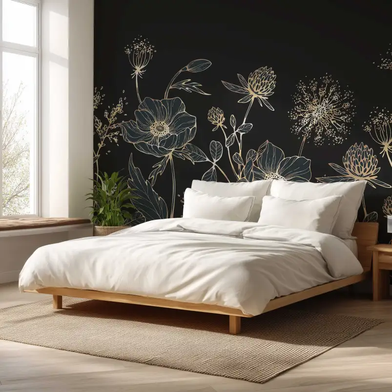 Fleurs d’Or sur Nuit Bleu - tapisserie panoramique avec des fleurs
