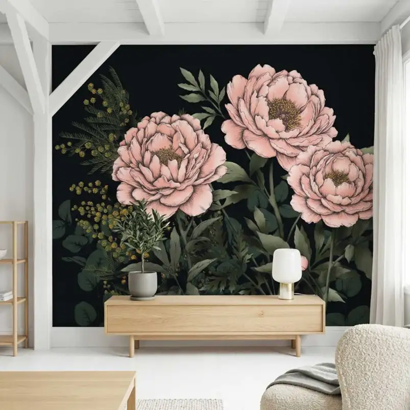 Papier peint pivoines roses fond noir intense