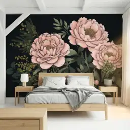 Papier peint pivoines roses fond noir intense