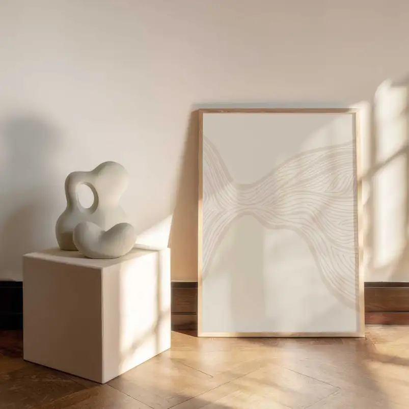 Tableau abstrait minimaliste - Courbes Organiques Crème