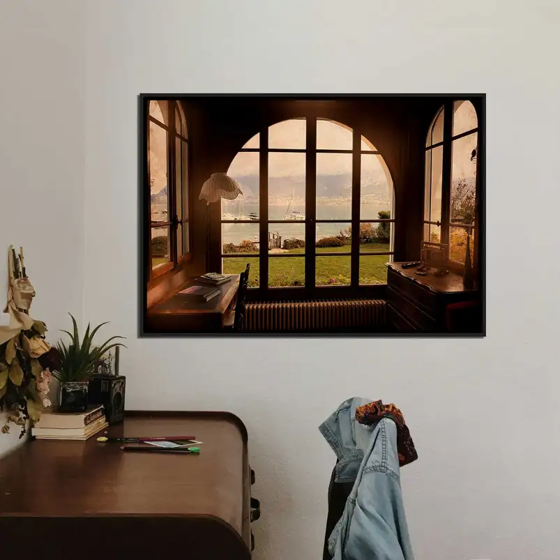 Évadez-vous avec ce tableau mural vintage offrant une vue paisible sur le lac.