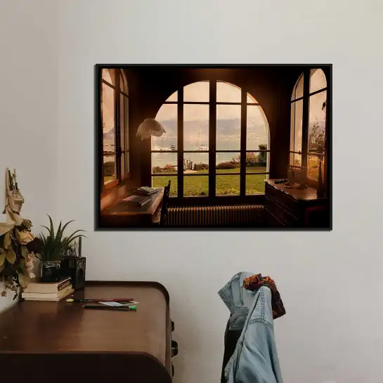 Évadez-vous avec ce tableau mural vintage offrant une vue paisible sur le lac.