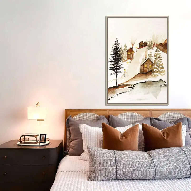 Tableau village enneigé à l’aquarelle pour une ambiance d’hiver cosy.