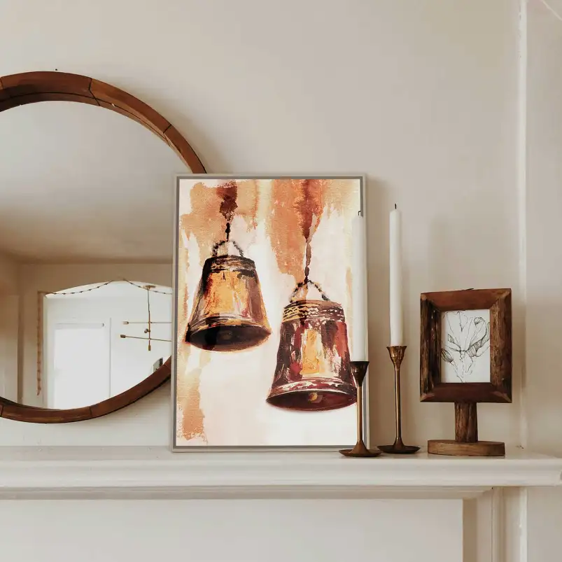Tableau cloches vintage à l’aquarelle, une déco murale élégante aux tons sépia et terracotta.