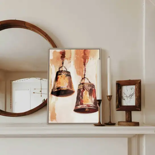 Tableau cloches vintage à l’aquarelle, une déco murale élégante aux tons sépia et terracotta.