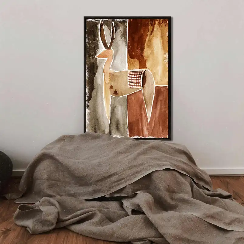 Tableau Esprit du Sahel : une aquarelle abstraite inspirée du désert et de l’antilope.