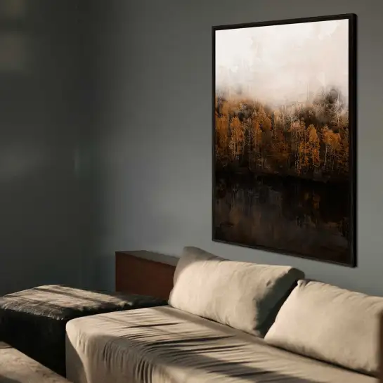 Tableau forêt automnale à l’aquarelle : un paysage dans la brume pour une décoration murale élégante.