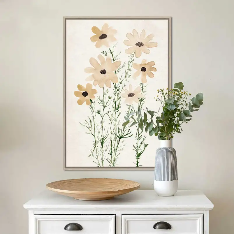 Affiche botanique à l’aquarelle : fleurs sauvages beige et ocre pour une décoration naturelle et élégante.