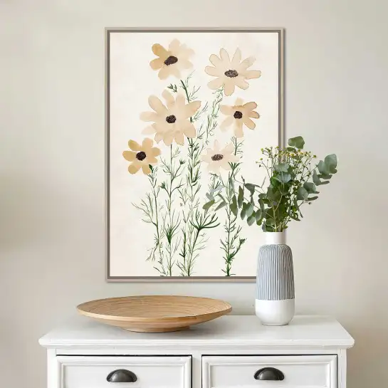 Affiche botanique à l’aquarelle : fleurs sauvages beige et ocre pour une décoration naturelle et élégante.