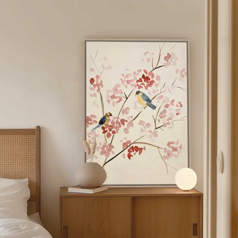 Affiche japonaise à l’aquarelle avec mésanges et cerisier en fleurs.