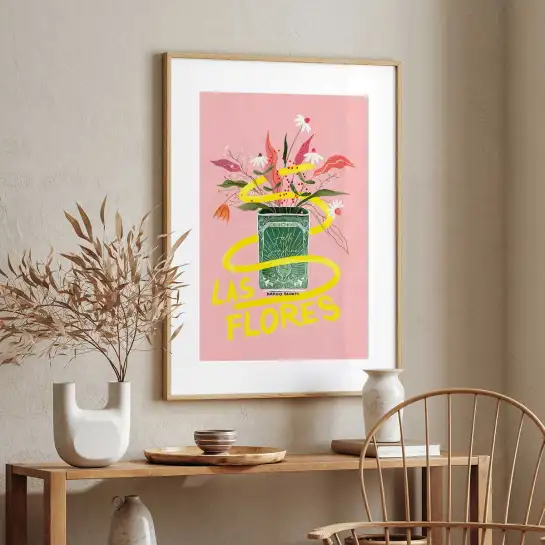 Affiche bouquet Las Flores aux couleurs rose et jaune pour une déco florale pop et artistique.