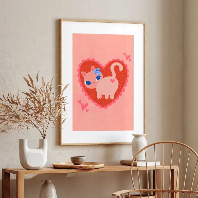 Affiche chat rose avec cœur dans un style pop rétro romantique.