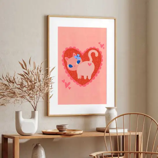 Affiche chat rose avec cœur dans un style pop rétro romantique.
