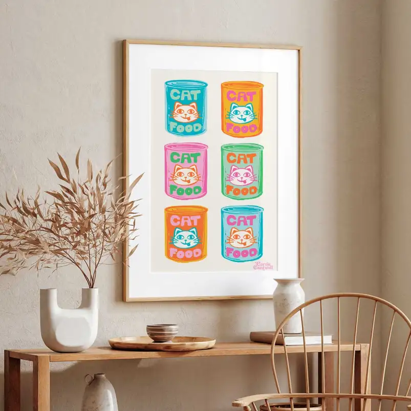 Affiche Cat Food inspirée du Pop Art avec des chats et boîtes de conserve pour une décoration graphique et décalée.