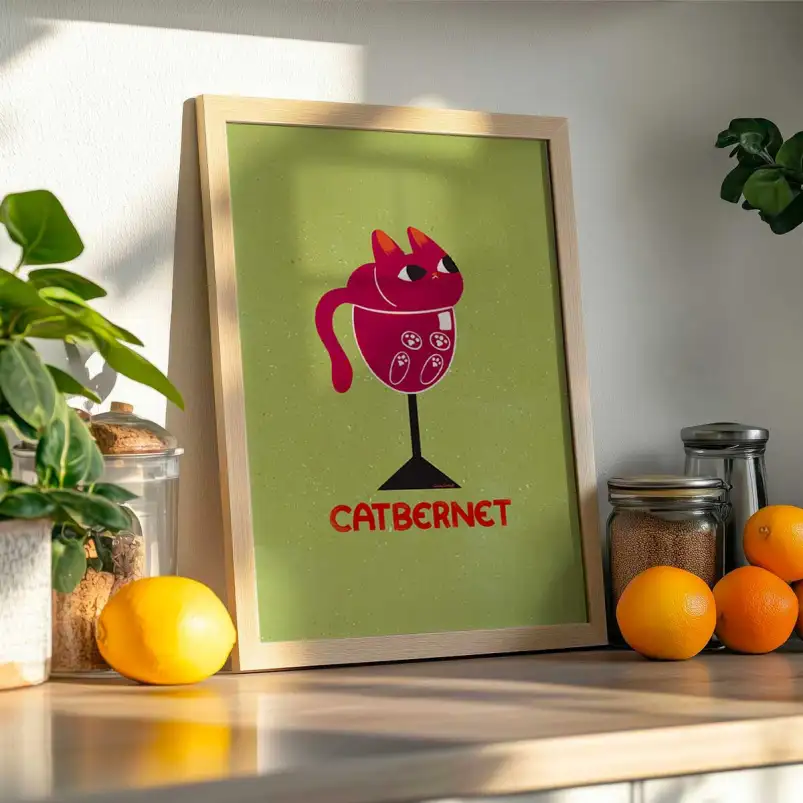 Affiche Catbernet avec chat et vin rouge dans un esprit Pop Art humoristique.