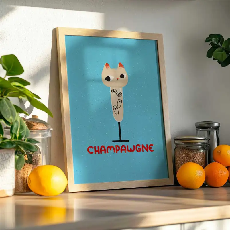 Affiche chat Champawgne au style Pop Art pour une décoration murale originale et pleine d'humour.
