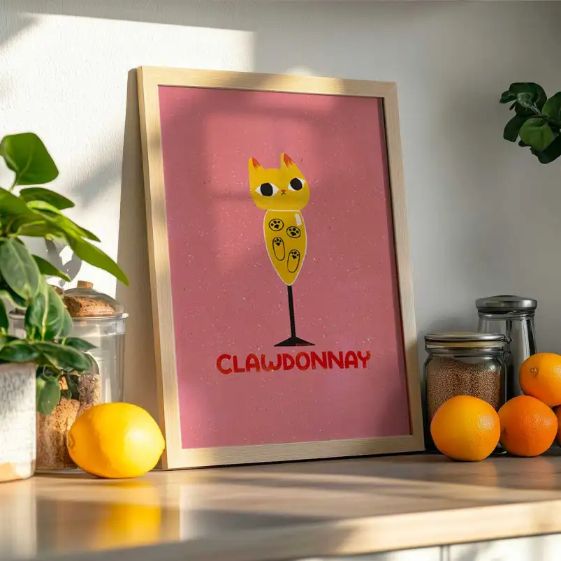 Affiche chat Clawdonnay inspirée du vin blanc et du monde félin. Une décoration murale humoristique et décalée pour cuisine.