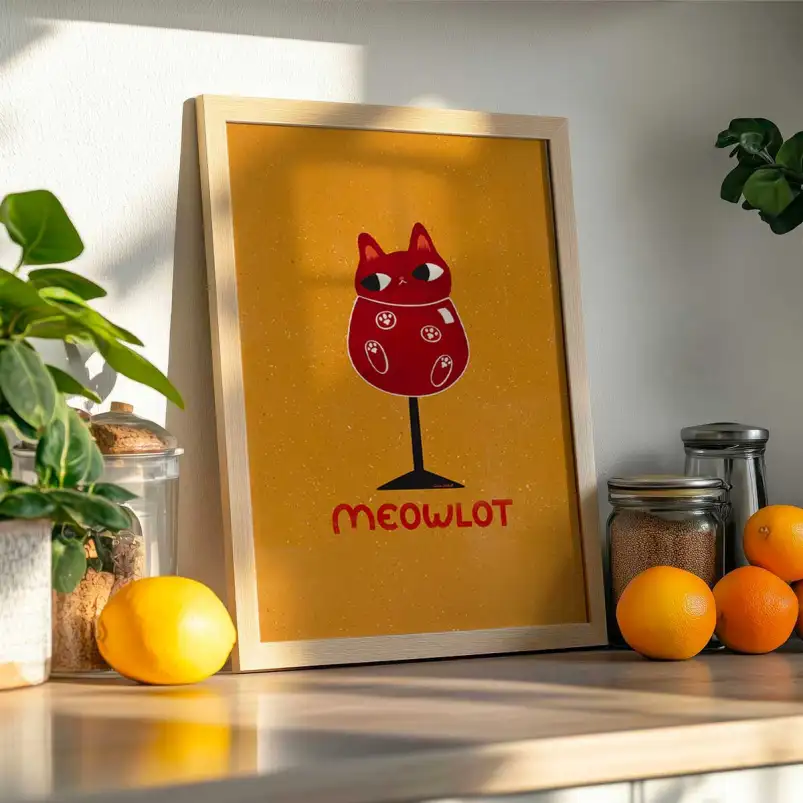 Affiche chat Meowlot en style Pop Art avec une touche d'humour autour du vin.