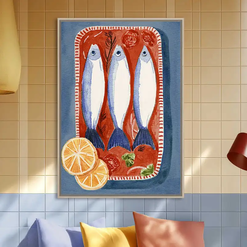 Donnez du caractère à votre cuisine avec cette affiche vintage de sardines. Une illustration rétro inspirée de l'univers marin.