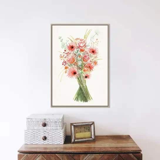 Une affiche de bouquet champêtre aux fleurs roses pour créer une décoration florale douce et naturelle dans toutes les pièces.