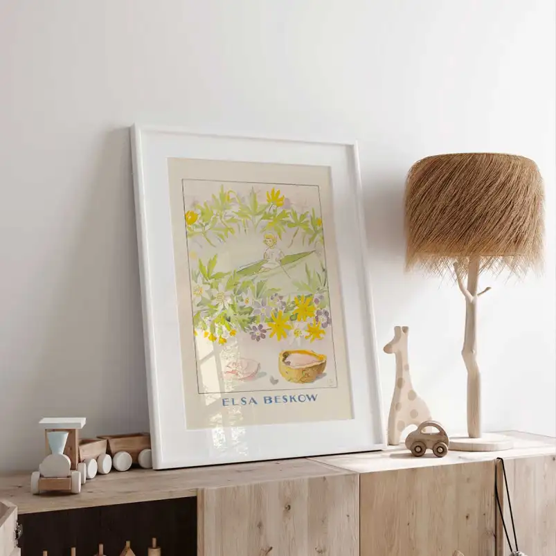 Affiche enfant vintage Poucette bateau feuille fleurs