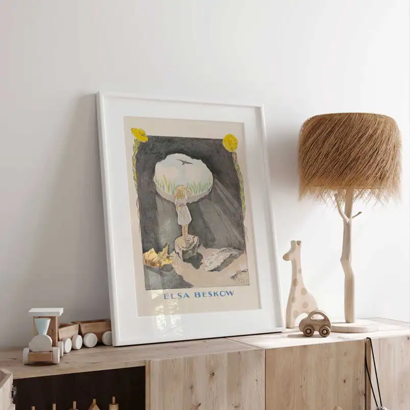 Affiche enfant vintage Poucette grotte et oiseau Elsa Beskow