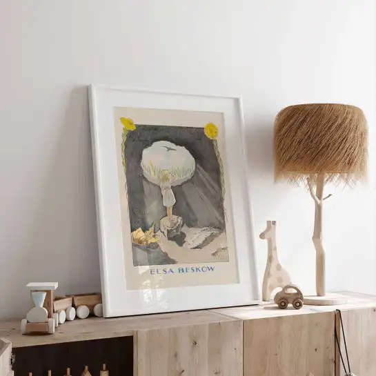 Affiche enfant vintage Poucette grotte et oiseau Elsa Beskow