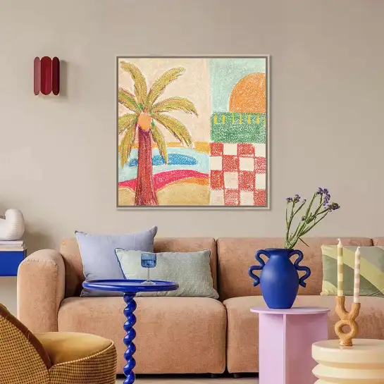 Affiche plage naïve aux pastels colorés pour une décoration bord de mer pleine de douceur.