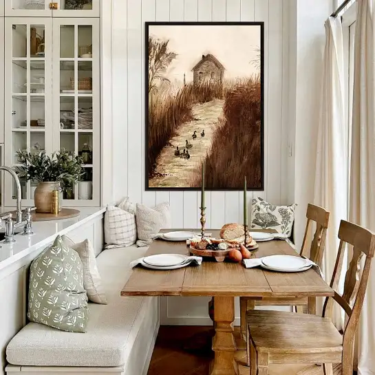 Affiche chemin de campagne avec canards en aquarelle pour une déco murale authentique et bucolique.