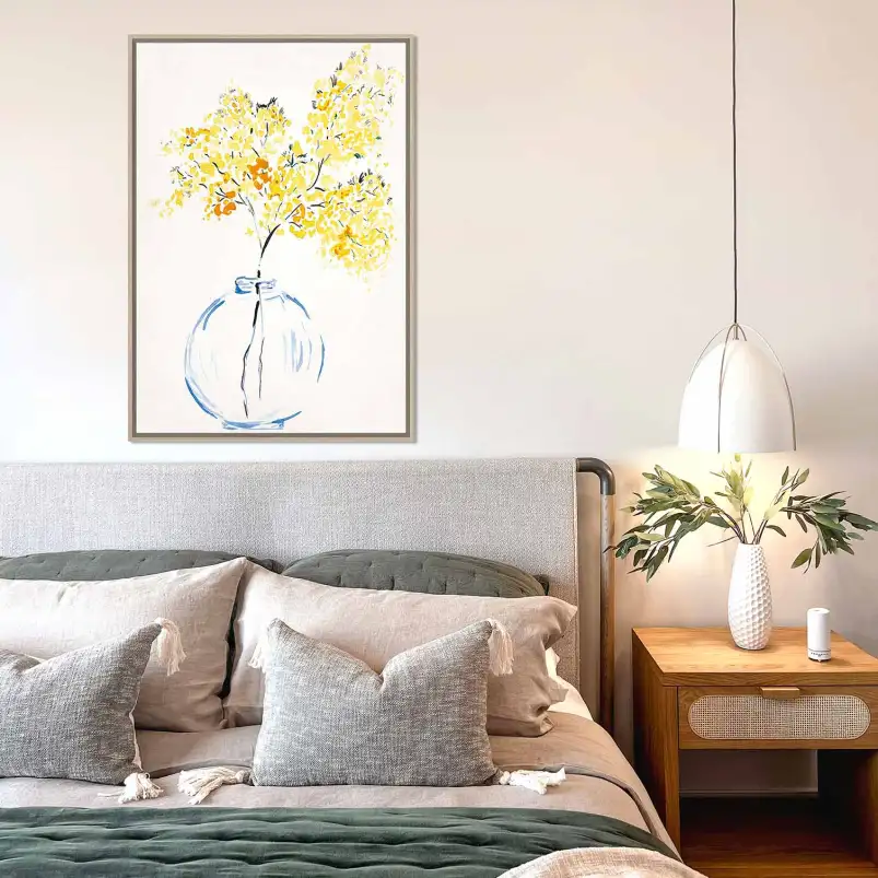 Affiche vase de mimosa jaune en aquarelle pour illuminer votre intérieur avec une décoration botanique élégante et lumineuse.