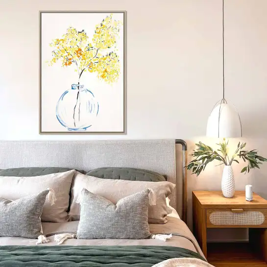Affiche vase de mimosa jaune en aquarelle pour illuminer votre intérieur avec une décoration botanique élégante et lumineuse.