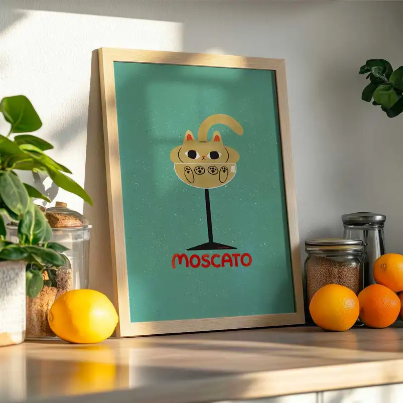 Affiche chat Moscato au style vintage inspiré du vin pétillant.